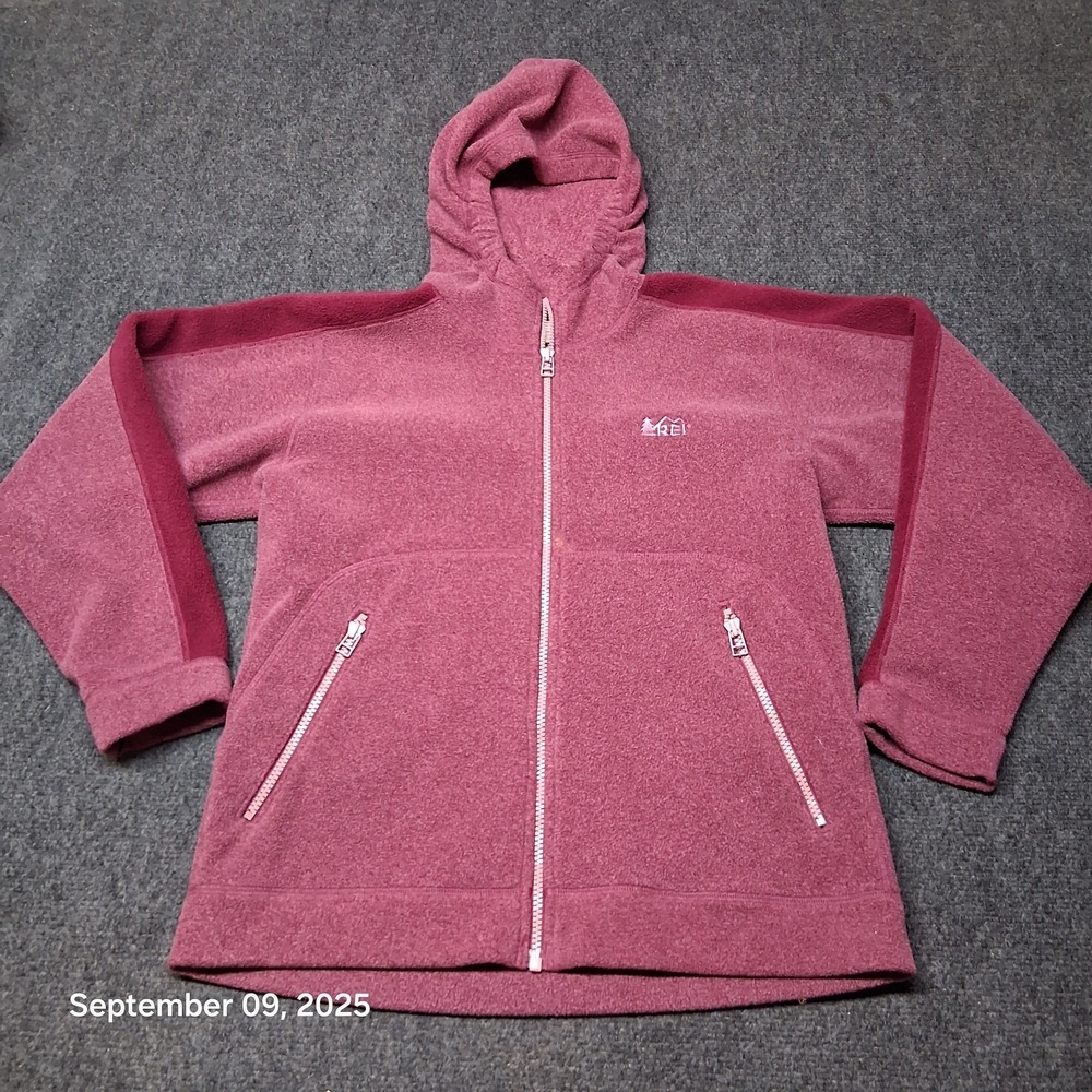 REI Junior Large‎ 12/14 Pink Fleece Hooded Jacket Full Zip With Zip Pockets